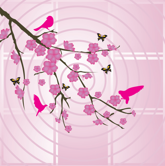 Pink Birds on Branches Vector
