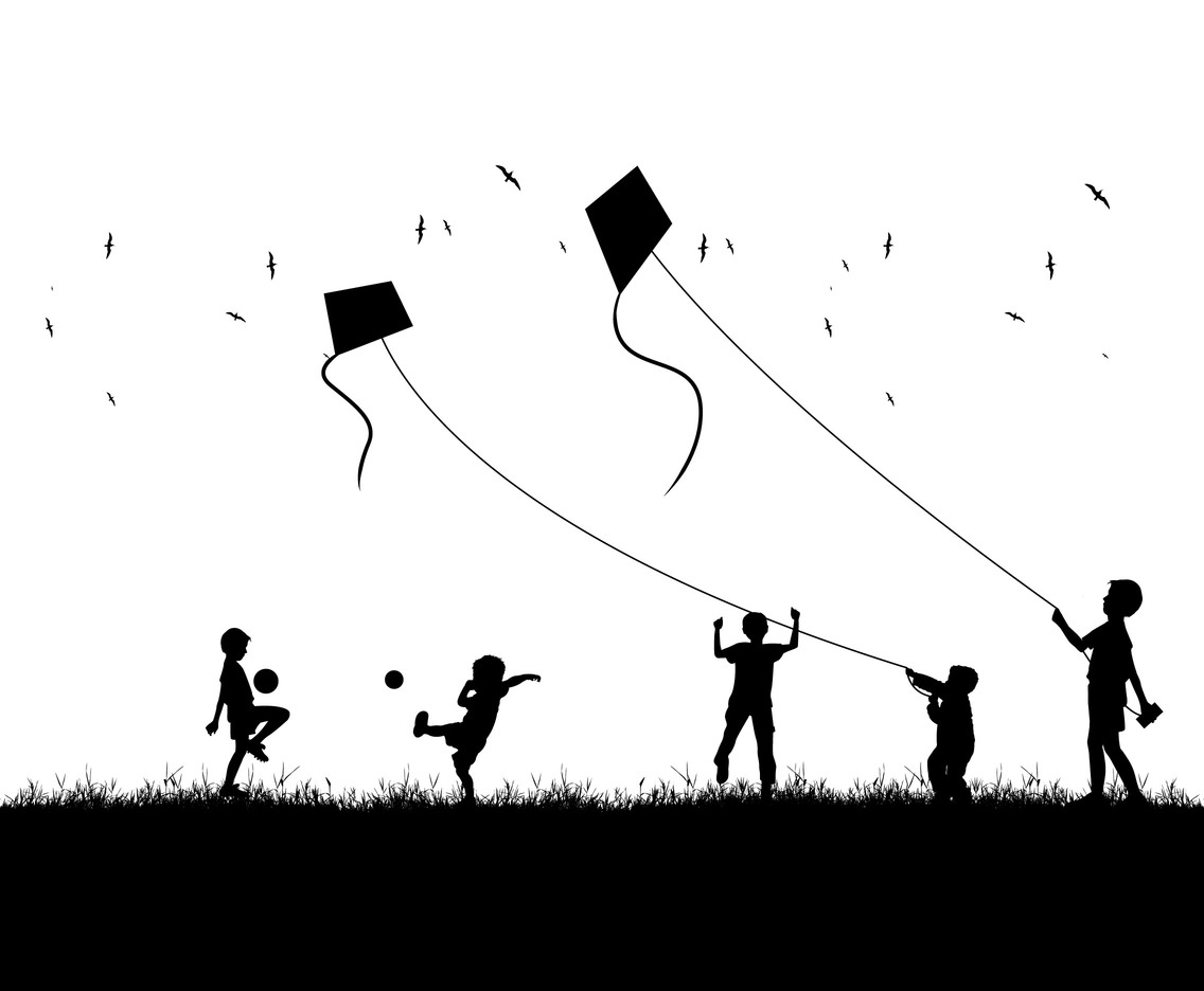 Illustration of kite silhouette with children