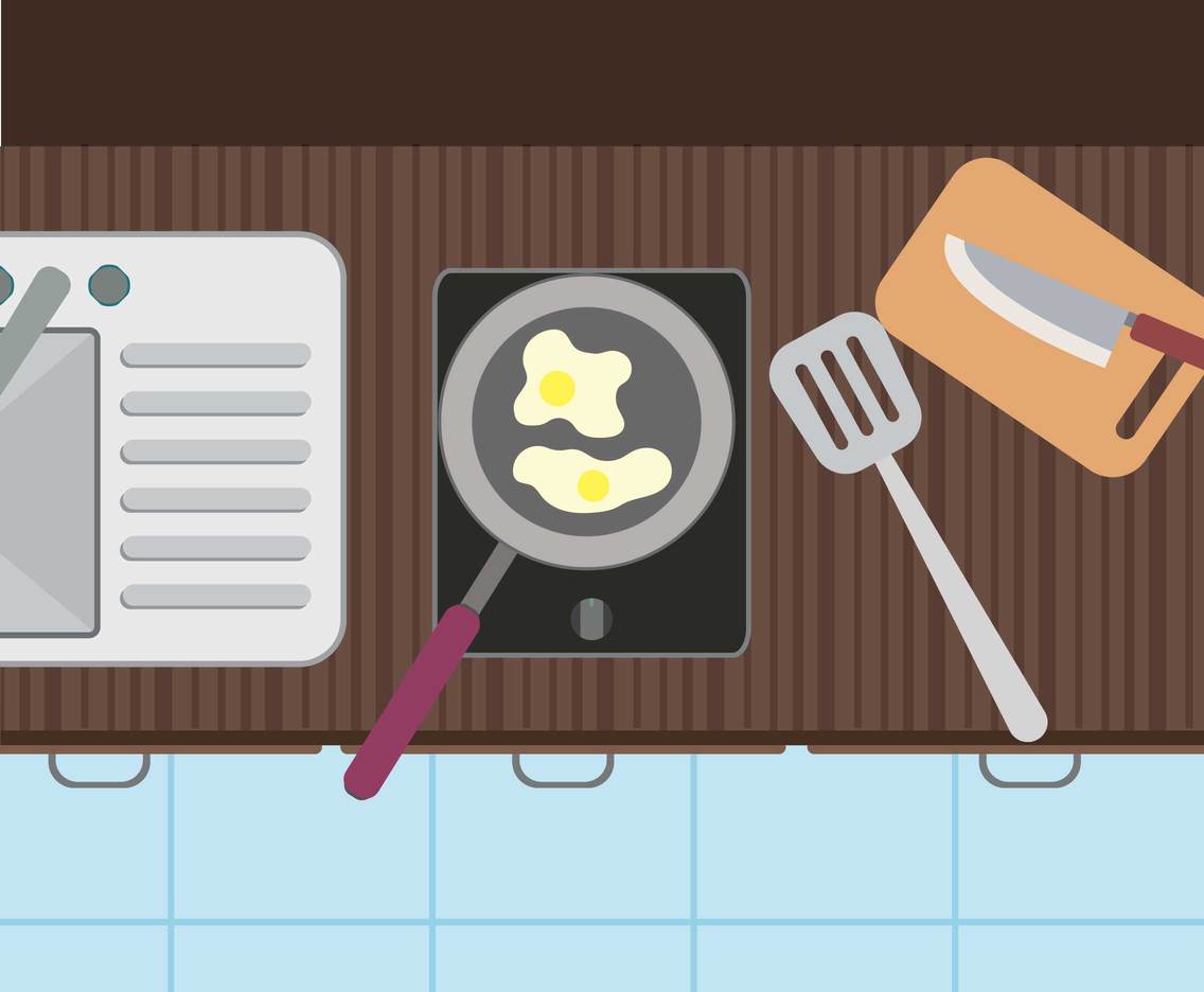 Free Kitchen Utensils. Sink, Pans, Knife, Top View Illustration