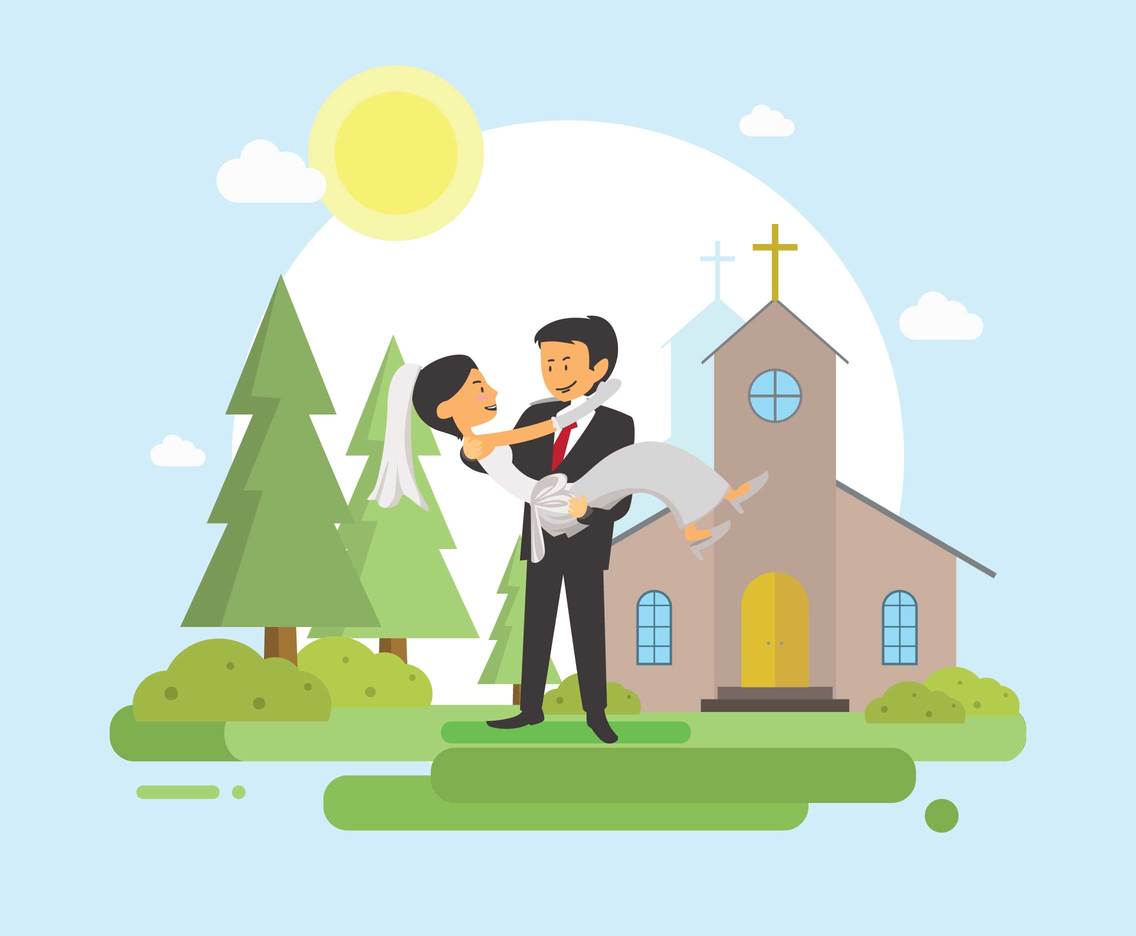 Free Groom And Bride With Church Background Illustration