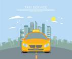 Free Yellow Taxi With City Background Illustration