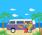 Hippies With Caravan Vector 