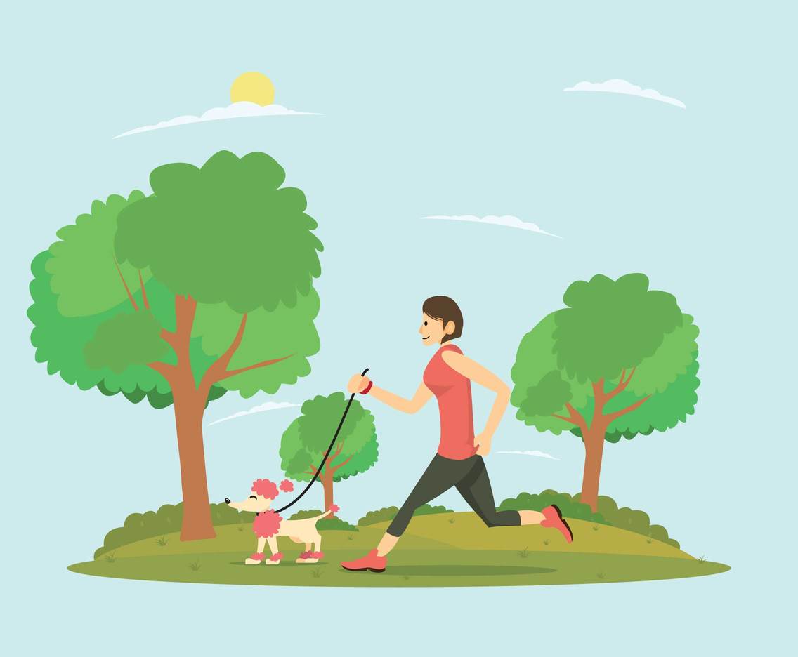 Girl Running with her Poodle In The Morning Illustration