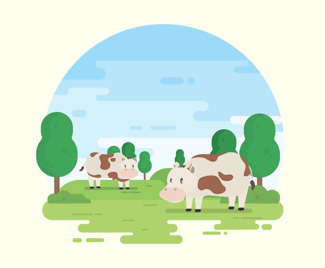 Two Calf On Green Landscape Illustration