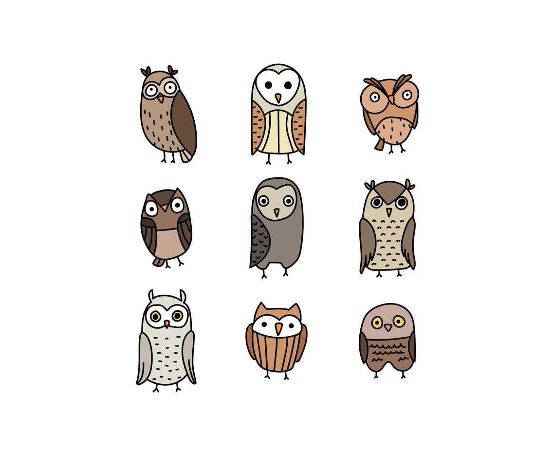 Set Of Doodled Owls