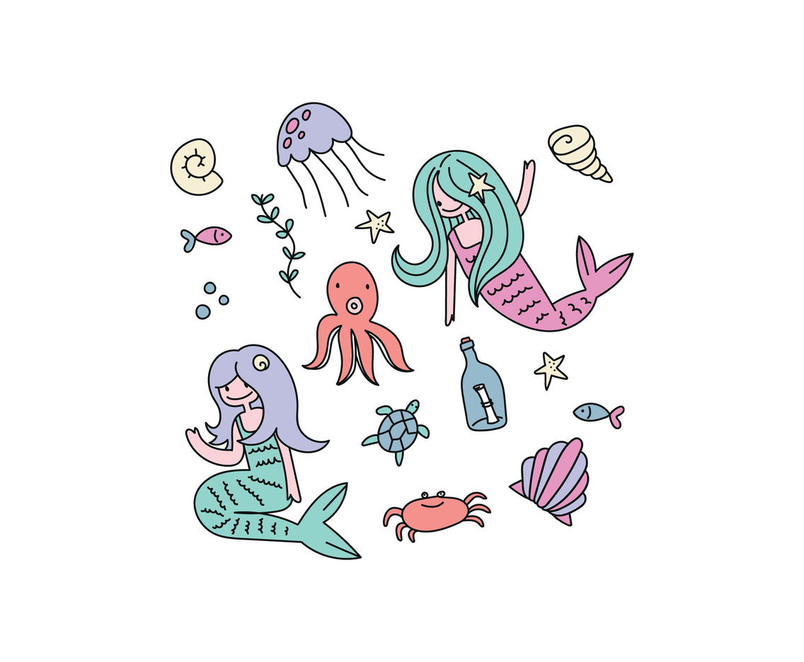 Pastel Color Doodled Mermaids