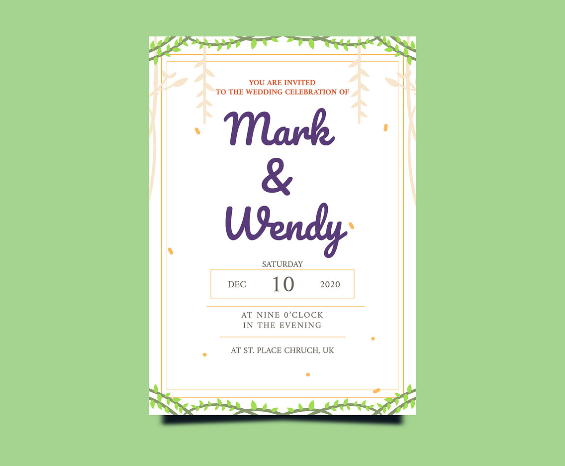 Wedding Invitation Card on Green Background