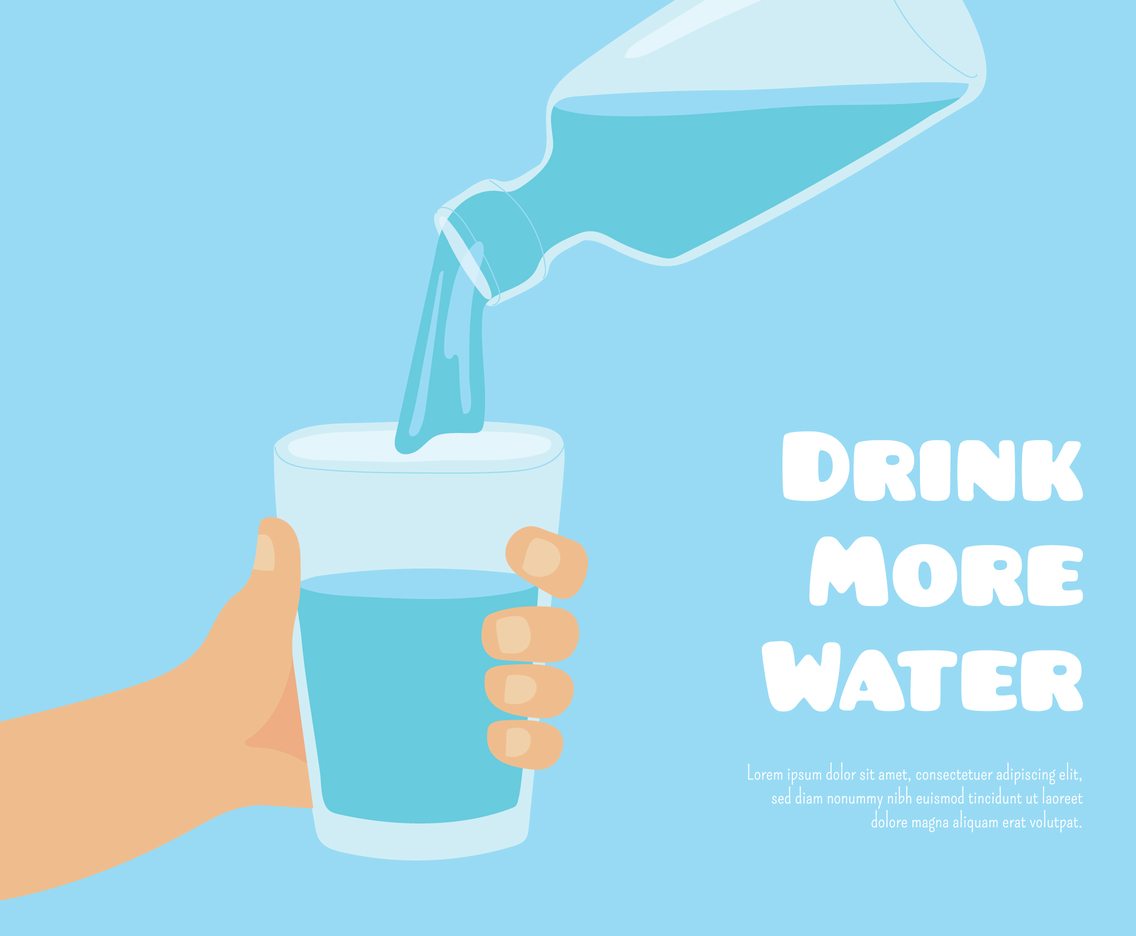 Drink more water poster with hand holding glass