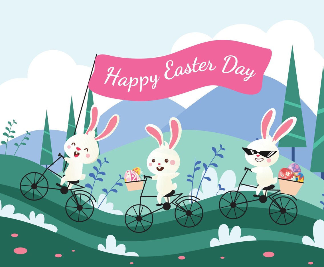 Happy Easter with cute cartoon Rabbit drive bicycle with carrying eggs.