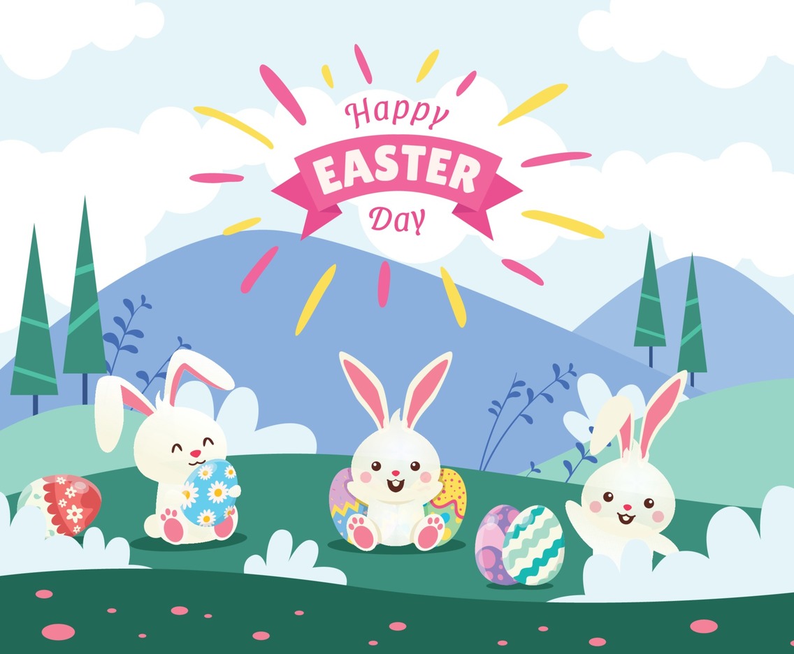 Happy Easter with Cute Cartoon Rabbit Holding Eggs.