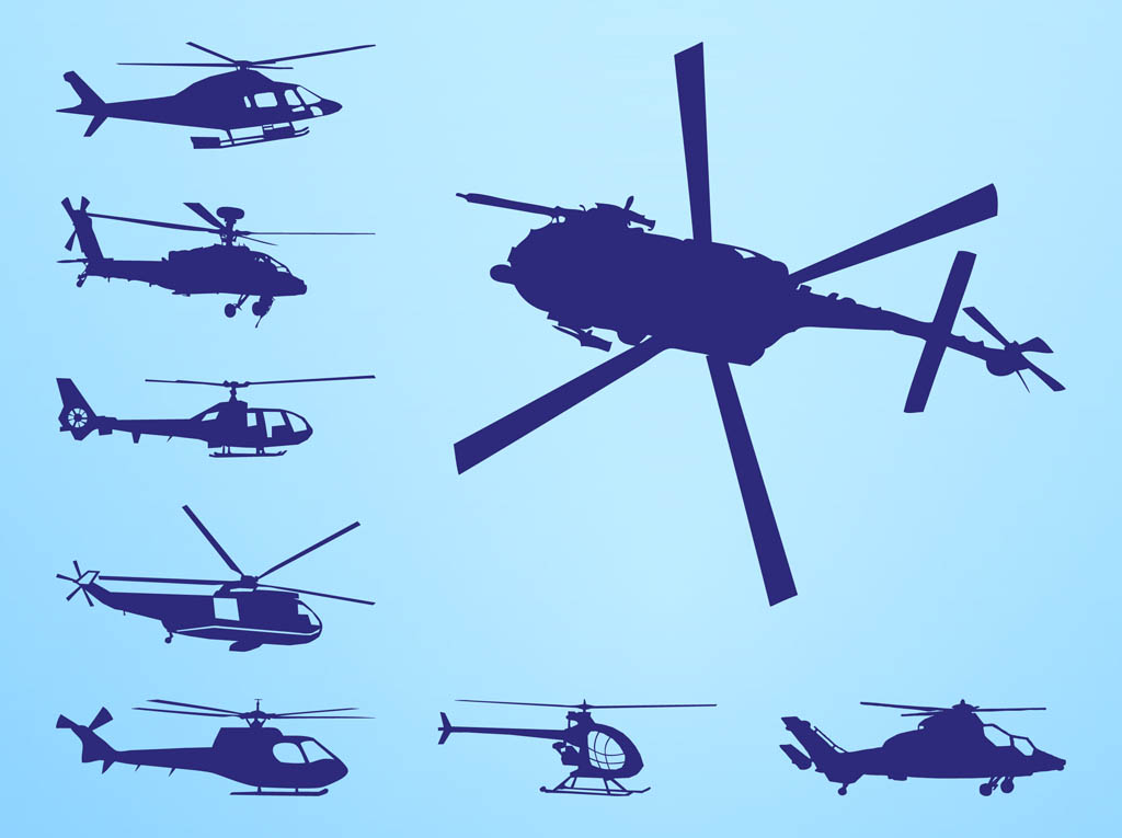 Helicopters Silhouettes Vector Graphics