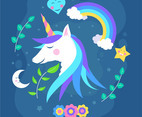unicorn bust surrounded by flowers moon and stars
