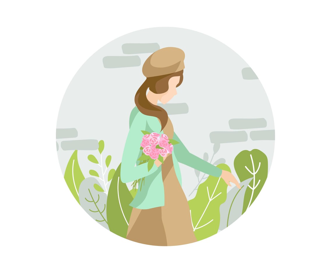 GIrl With A Bunch Of Flower Walking At The Country