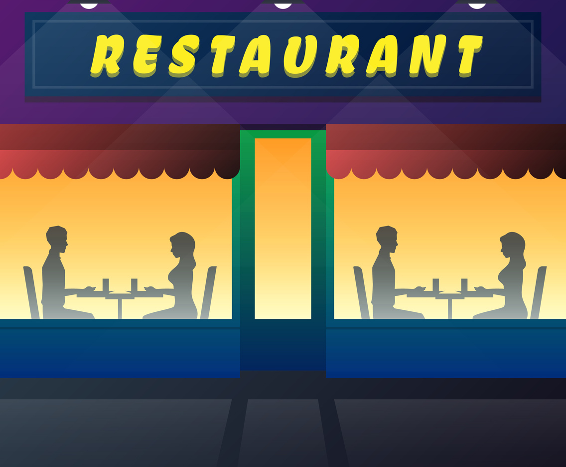 Couples Eating And Talking In Restaurant Or Coffee Shop Illustration