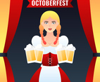 German Girl Waitress In Traditional Clothes Holding Yellow Beer Mugs Vector Colorful Illustration
