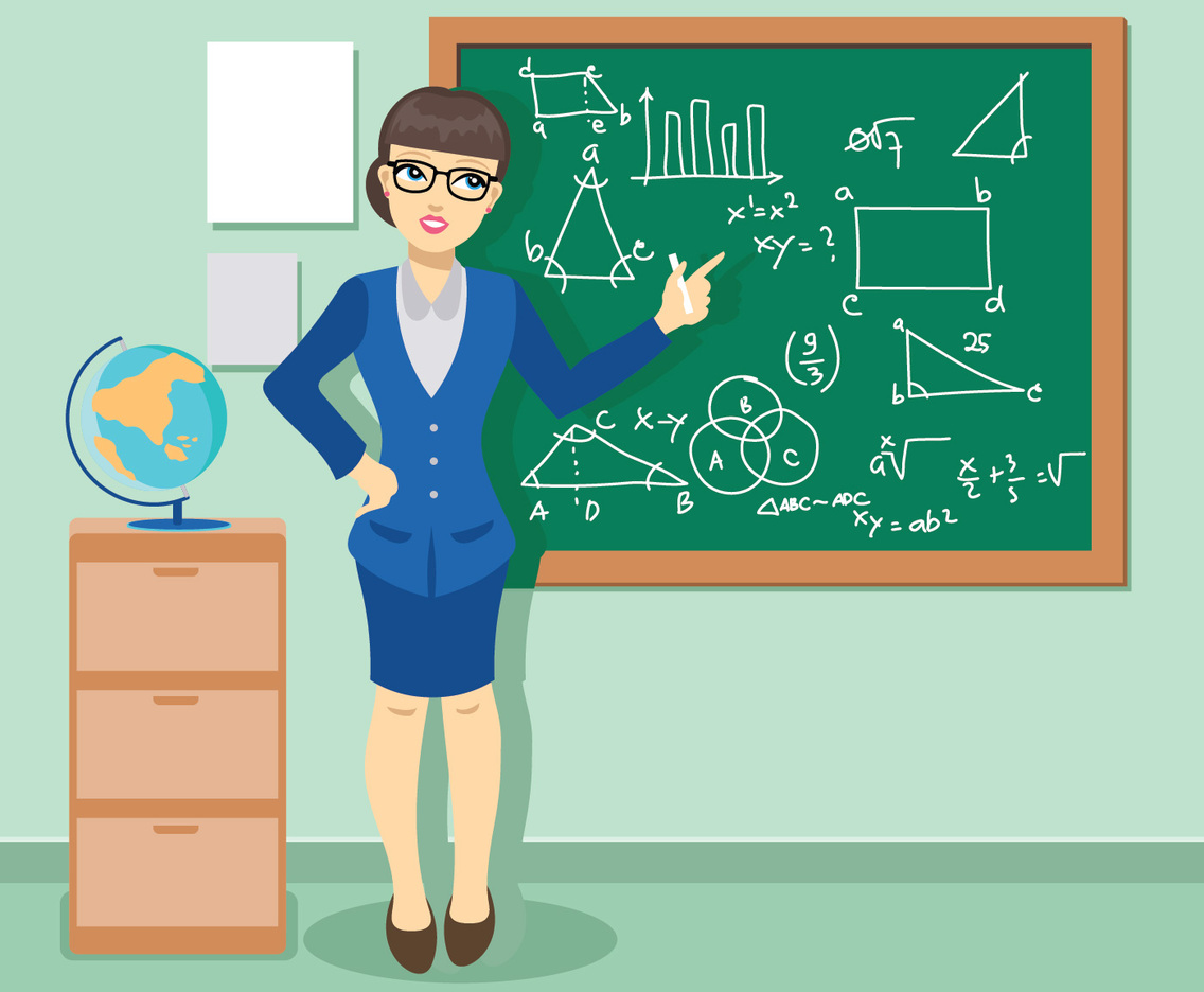 Young Teacher in the Classroom Who Gives a Lesson of Mathematics
