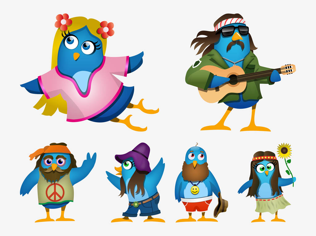 Hippie Cartoon Birds Vector Art & Graphics 