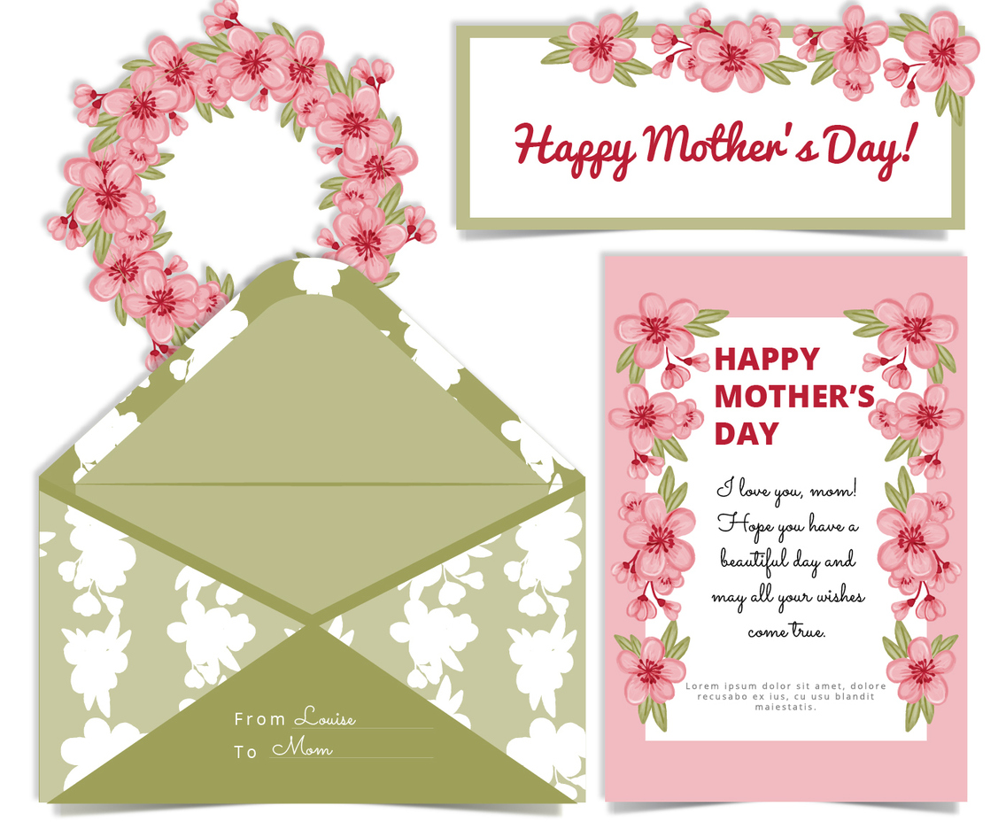 Vector Mother's Day Cherry Flowers Card and Envelope