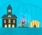 Flat Roller Coaster and Theme Park Vector Illustration