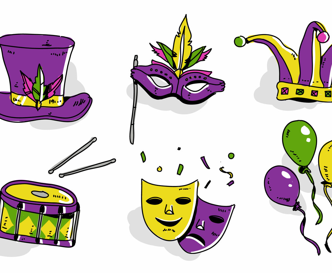 Mardi Gras Parade Set Hand Drawn Vector Illustration