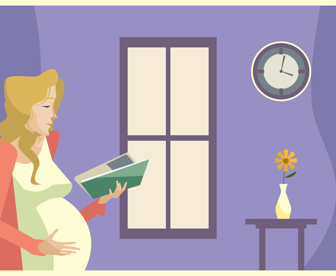 Young Pregnant Woman Reading a Book in Front of Window in the Afternoon Vector