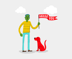 Green Man with Hello Banner  Dog Vector