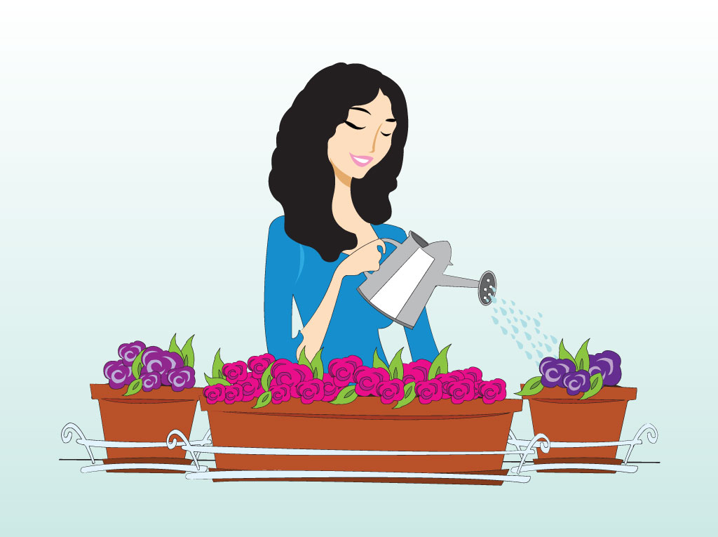 Woman Watering Plants Vector Art & Graphics 