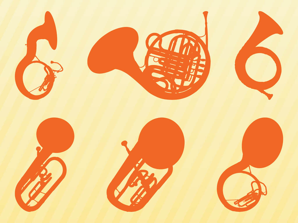 Silhouettes of sousaphones and french horns. 