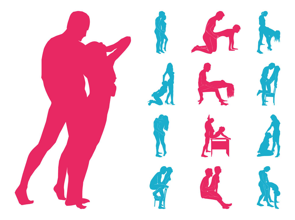 Silhouettes of men and women making love in different positions, couples on...