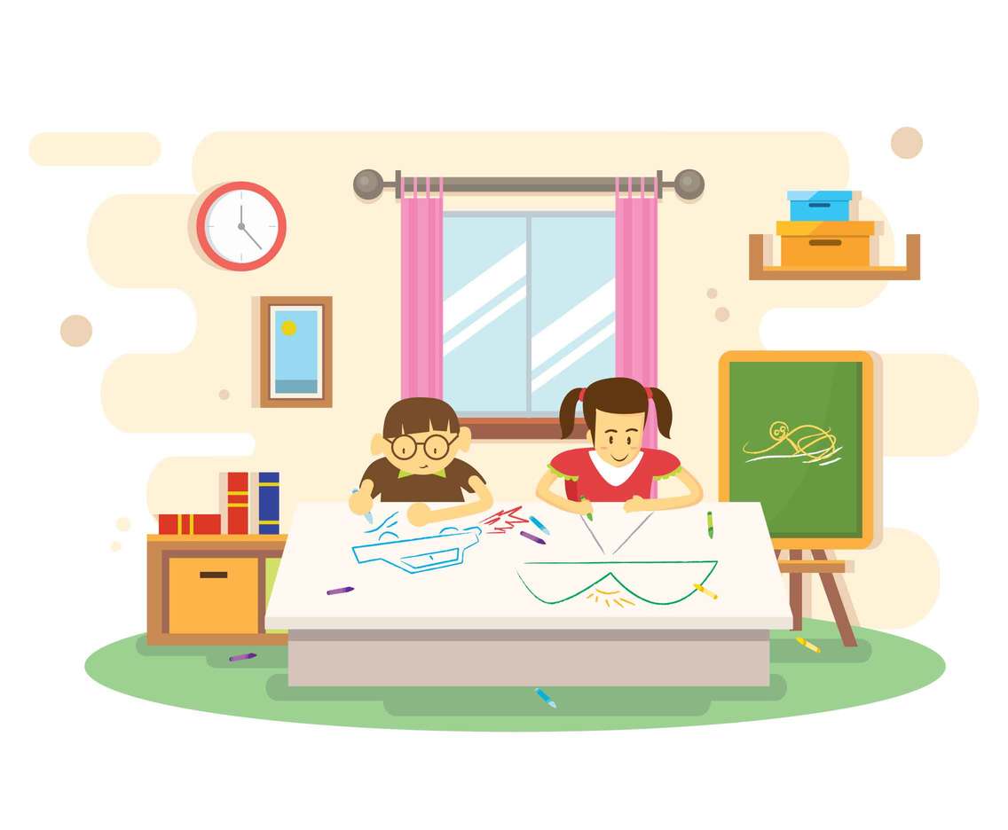 Kids Drawing with Crayons Illustration