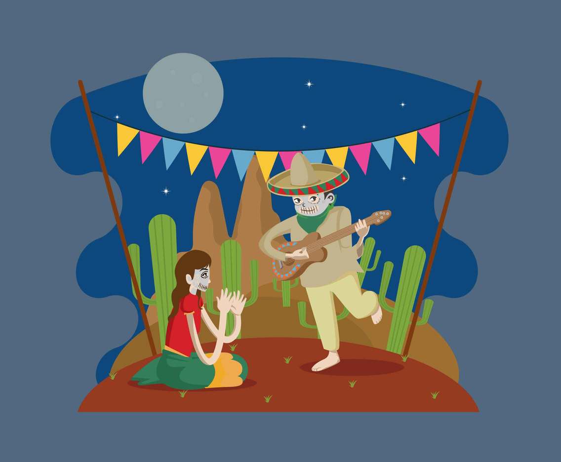 Free Mexican Skull Boy Playing Guitar Illustration