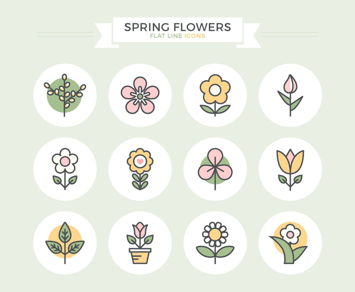 Spring Flowers Flat Line Icons