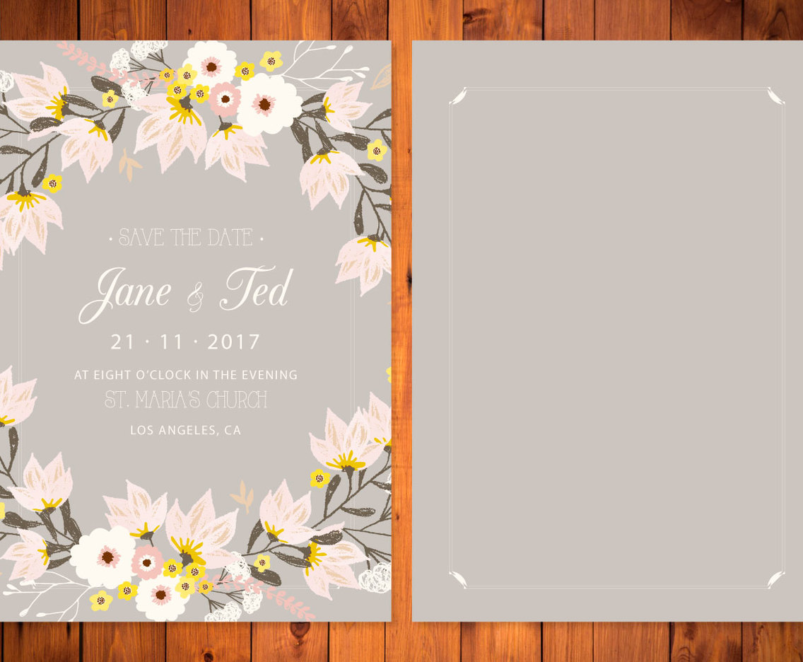 Gray and Blush Floral Wedding Card Illustration