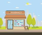 Pharmacy Store With City Silhouette Illustration