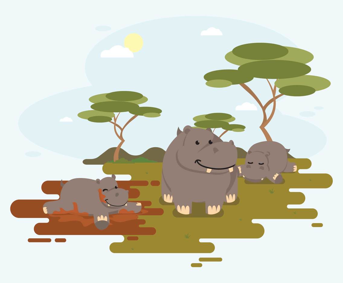 Hippo In African Landscape Illustration