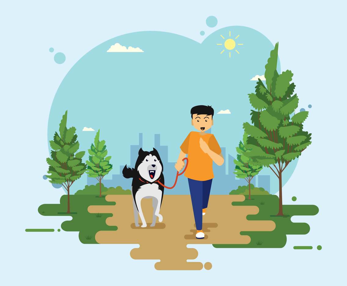 Young Man Running With Husky Illustration