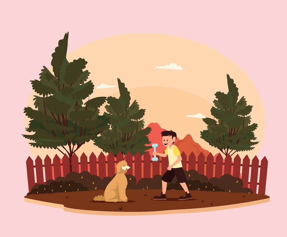 Boy Playing With Poodle In The Backyard Illustration
