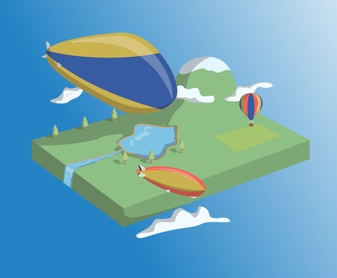Flying Airship Over Landscape Vector 