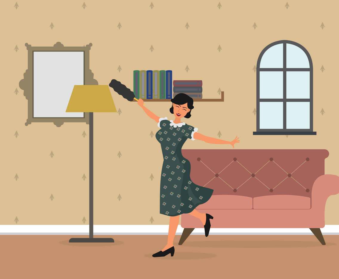 Vintage Housewife Clean Up Living Room Illustration
