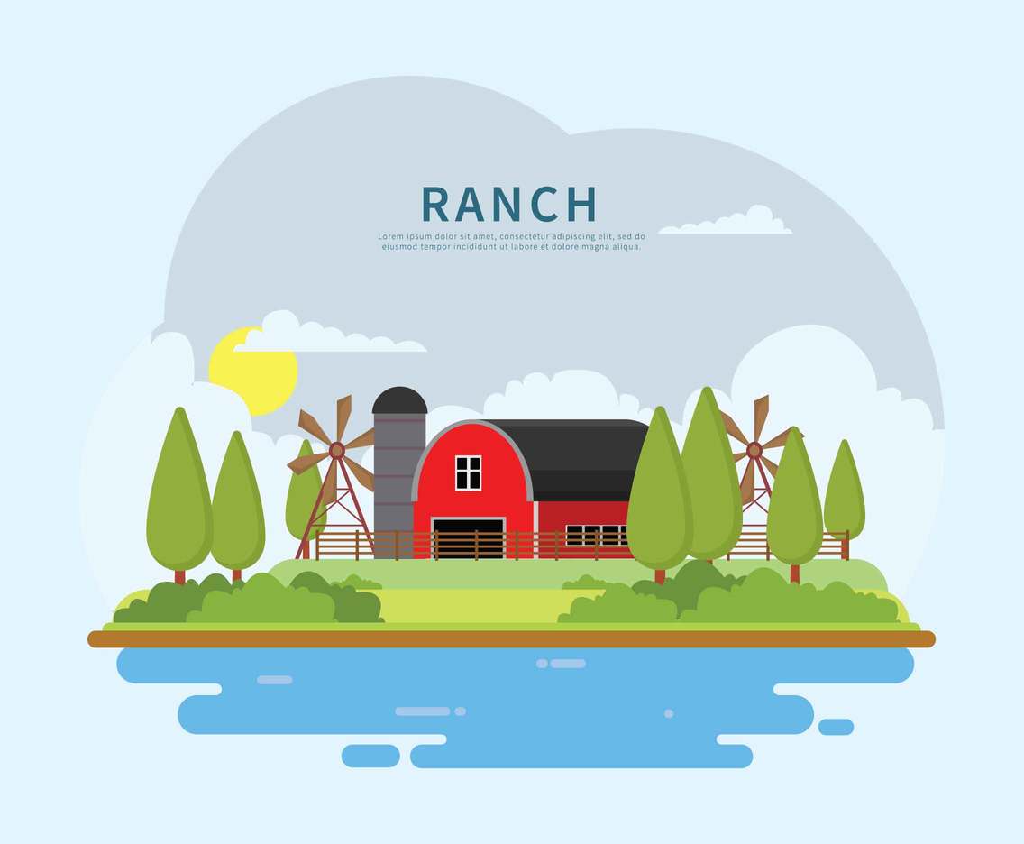 Ranch Behind Lake Illustration