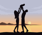 Family With Sunset Background Vector