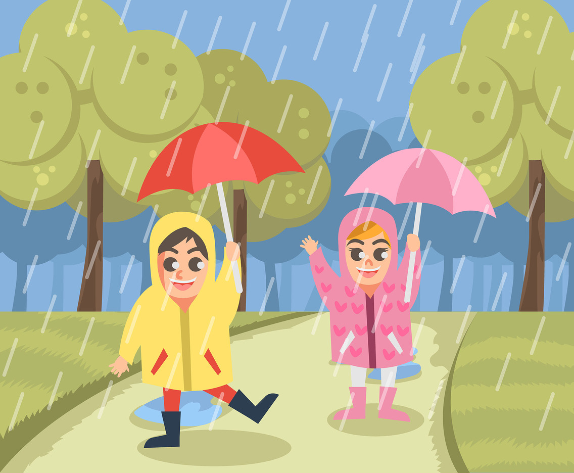 Happy Kids With Rain Vector