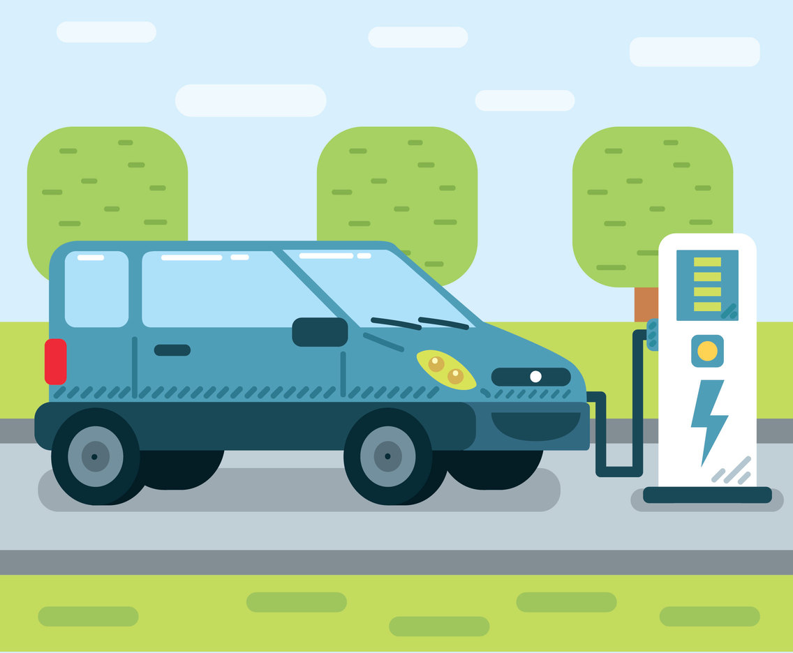 Blue Car At Charging Station Vector