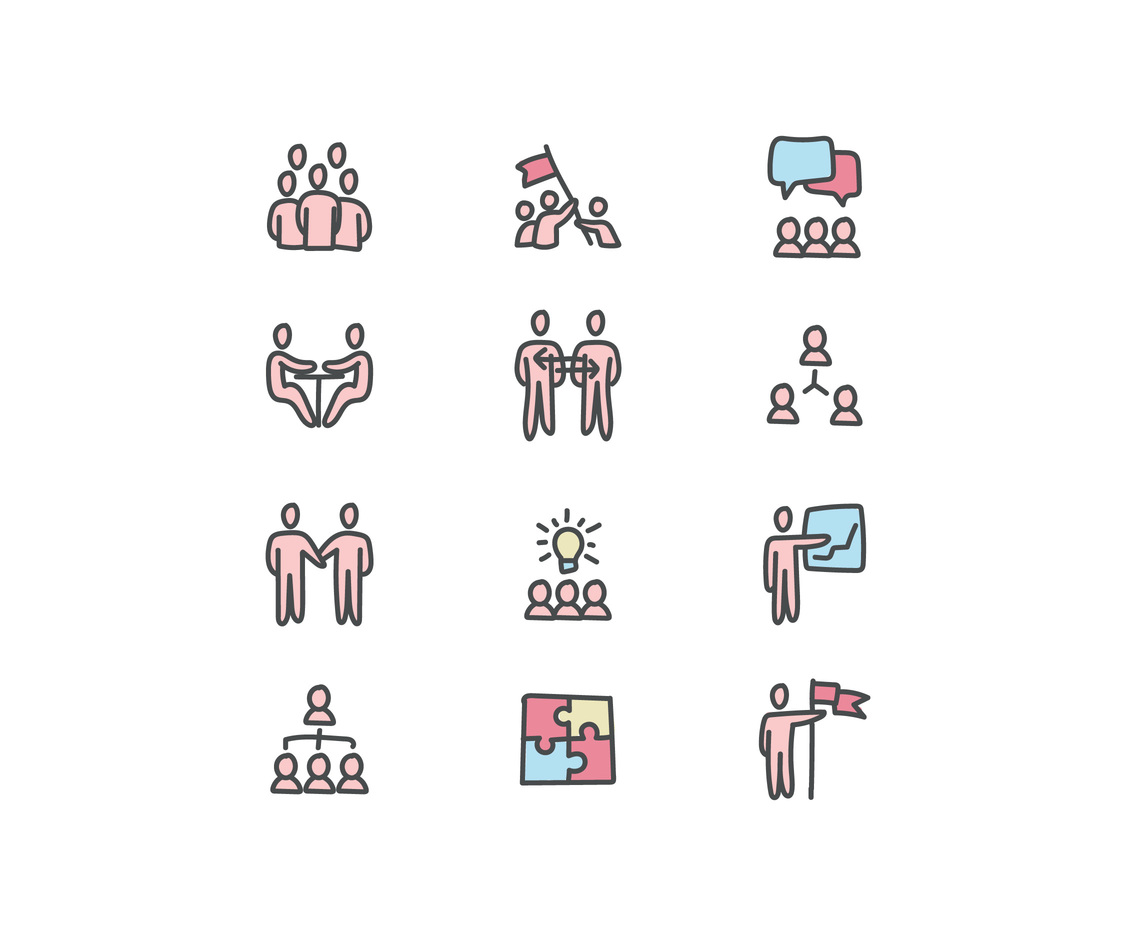 Set Of Doodled Icons About Teamwork