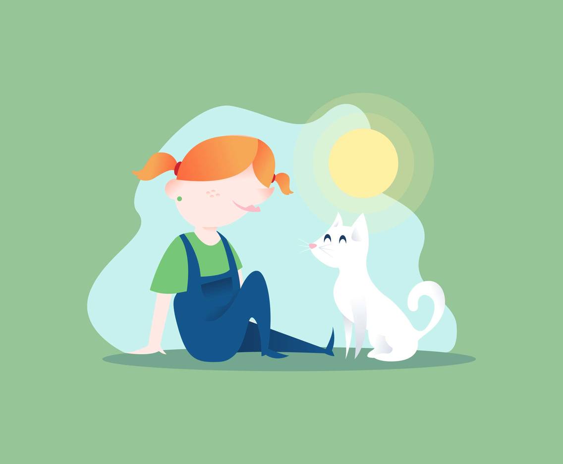 Girl And Her Cat Illustration Vector