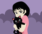 Girl and Her Black Cat Vector