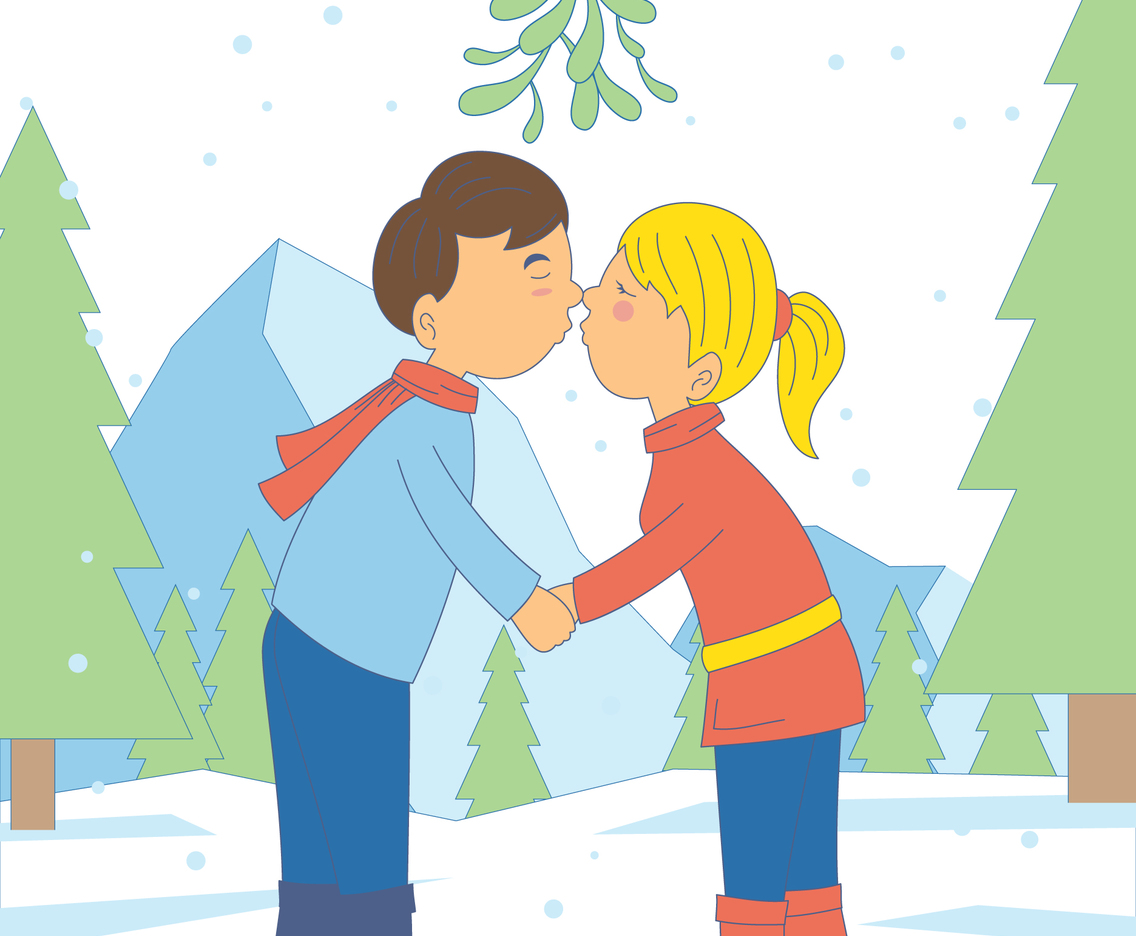 Couple standing under mistletoe
