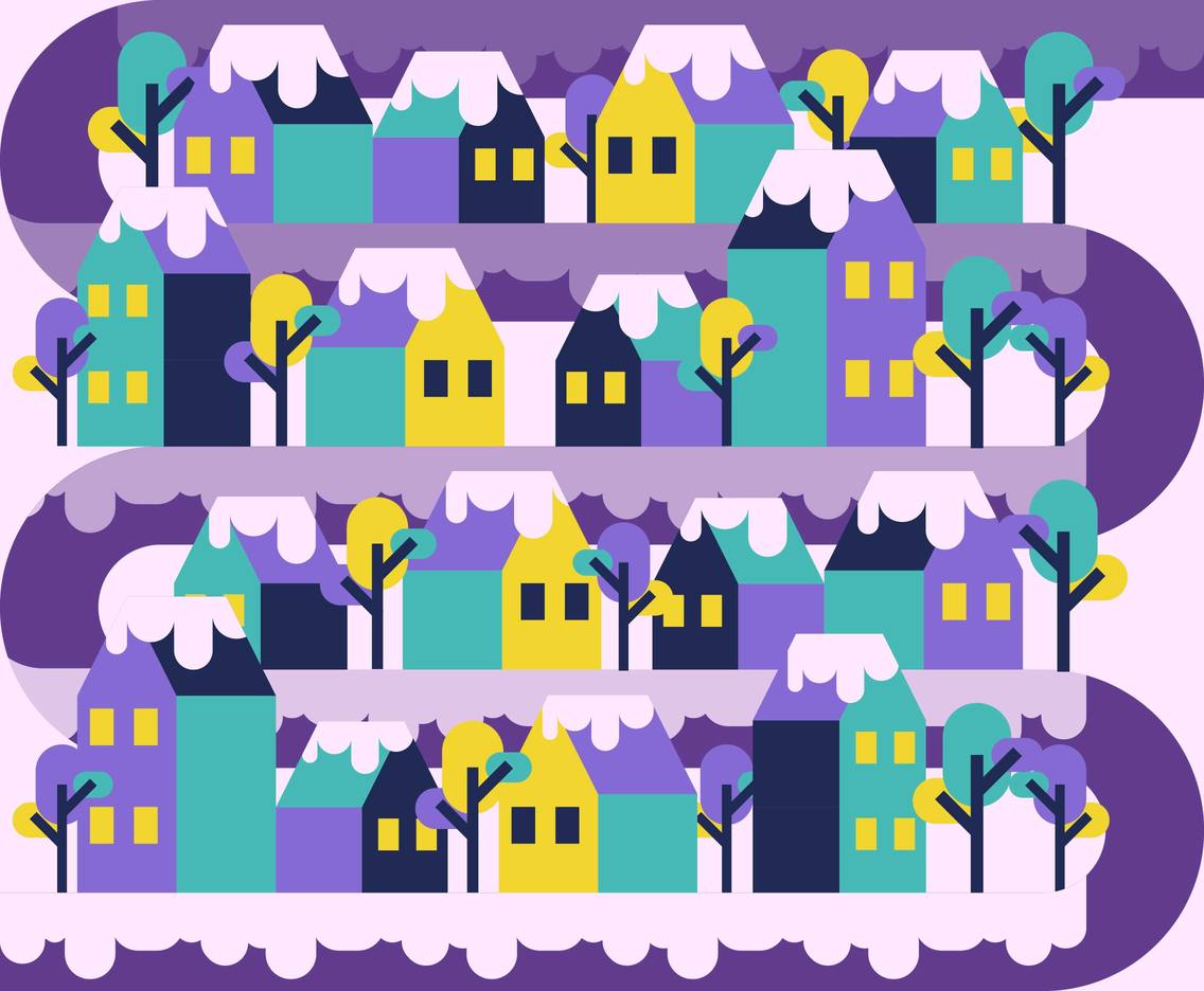 Winter Village Colorful Flat Illustration Vector