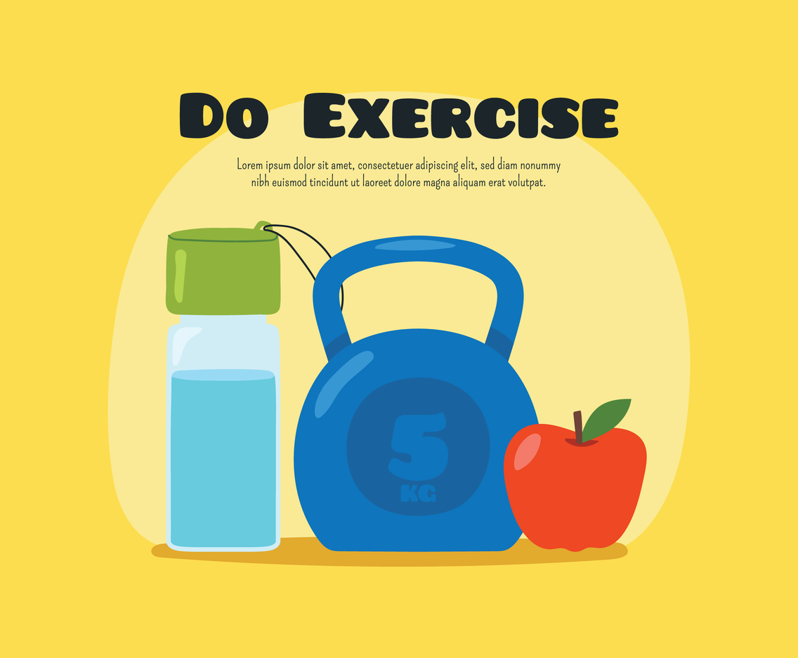 Exercise poster with water, weight and apple