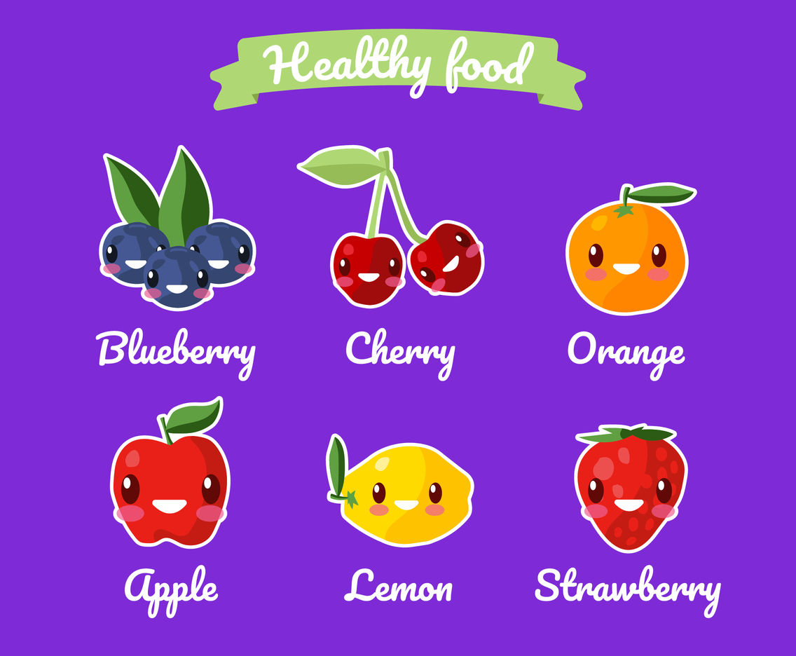 Healthy Food Funny Cartoon Set Vector Art & Graphics 
